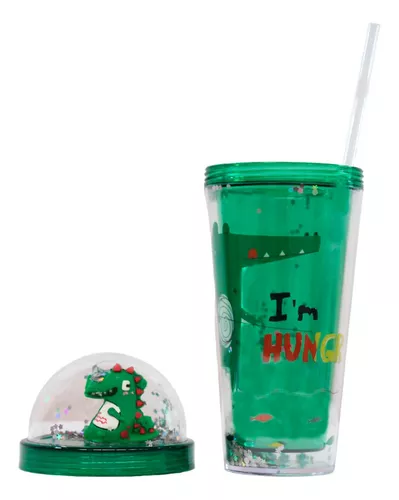 Vaso transparente con diseño de dinosaurio, tapa y popote con decoración de  corona, variedad de diseños / meo-706