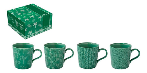 Juego De 4 Tazas De Porcelana 380ml Color Verde