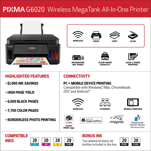 Impresora Canon Pixma G6020 Todo-en-uno Supertank Wireless