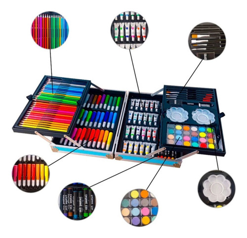 Set Arte Maleta Metalica X 145 Pcs Colores Crayolas Pinturas