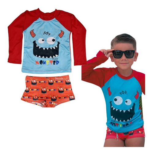 Imagem 1 de 8 de Blusa Proteção Solar Uv Com Sunga Biquini Moda Praia Menino
