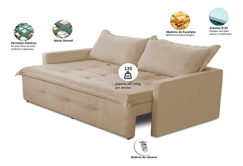Sofá Sem Caixa Retrátil Rec 2,00m Molas Maísa Suede Bege