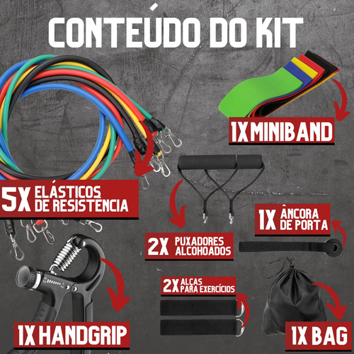 Kit 17 Itens Jcanova Store - Elasticos Extensor + 5 Mini Bands + Handgrip Treino Em Casa E Fisioterapia Faixa Elástica Pilates Store