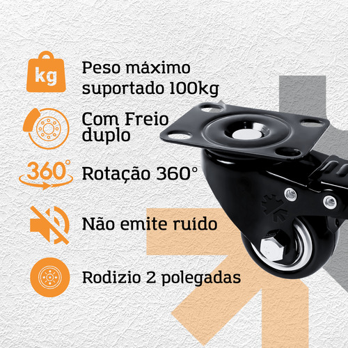 Kit 4 Rodinhas Para Moveis Giratória Reforçada Com Freio Rodas Líder Rodízios Cor Preto