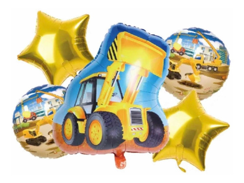 Set 5 Globos Metálicos Excavadora Construcción Helio O Aire