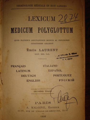 Antiguo Lexicum Medicum Polyglotttum Laurent París 1906 B1