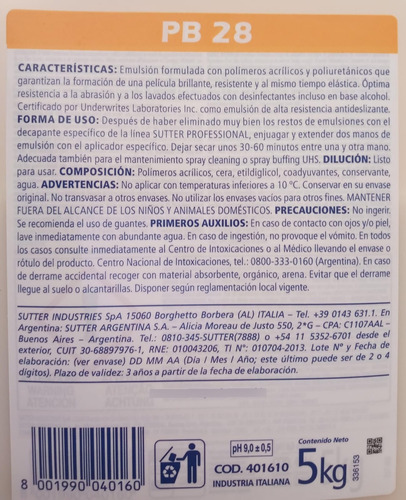 Cera Sutter Pb28 Para Pisos Sintéticos Y De Piedra 5 Lts
