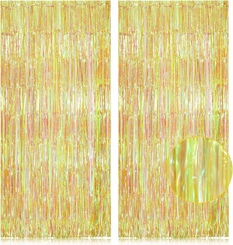 2 Cortinas Tornasol Iridiscente Para Fiesta Unicornio Sirena Color Amarillo Iridiscente