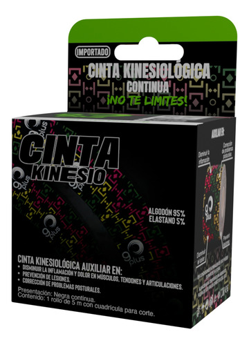 Cinta Kinesiológica Negra Diseño Go Plus 5m