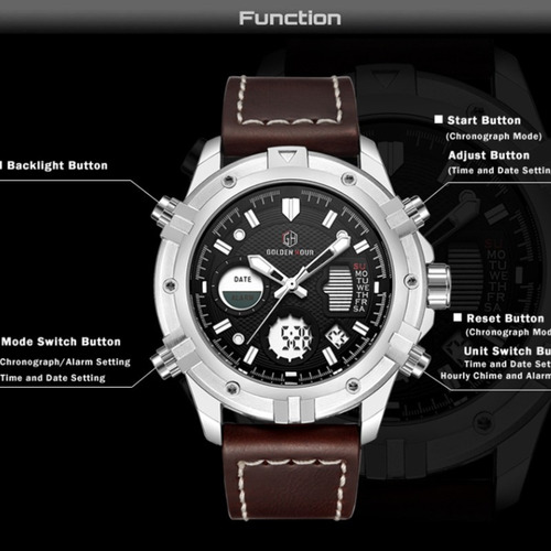 Reloj De Cuero Digital Analógico Goldenhour Quartz