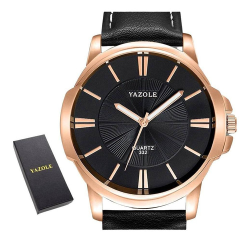 Relógio Masculino Preto Yazole 332 Bronze Couro + Estojo