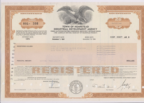 Certificado De Bono , Town Of Hempstead , Ny , Usa