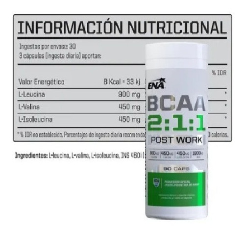 Imagen 2 de 6 de Promo X 3 Unidades Bcaa 2:1:1 (90 Caps) - Ena Sport Mg