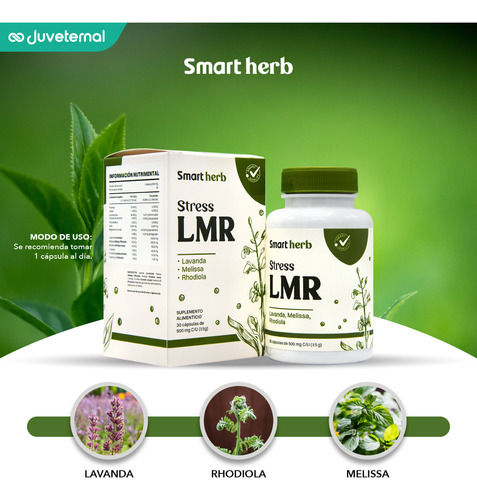 Smart Herb Paquete Stress LMR, Suplemento Alimenticio, 2 Piezas (30 Cápsulas c/u) con Lavanda, Melissa y Rhodiola para Reducir Ansiedad y Nerviosismo