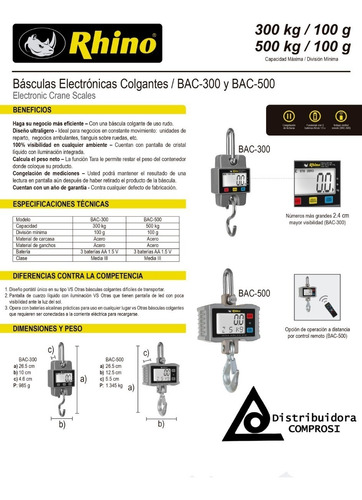 Bascula Colgante 500 Kg / 100g Bac 500 Comprosi