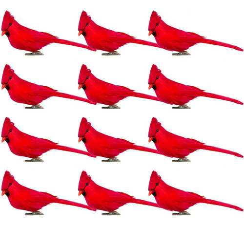 12 Clips Artificiales De Pajaros Cardenales Rojos De 5.5 Pul