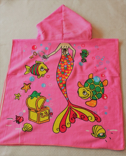 Imagen 5 de 5 de Toalla Con Capucha Niño Niña Bata Baño 60x58cm Sirenita Rosa