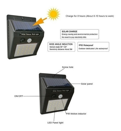 Imagen 6 de 6 de Reflector Exterior Solar 30 Led C/sensor De Movimiento