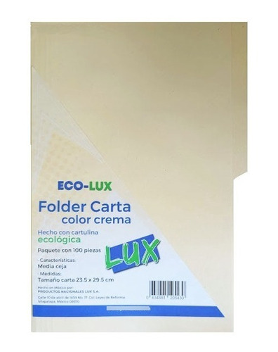 Folder Lux Ecologico Crema Carta 1/2 Ceja Bolsa/100 Piezas