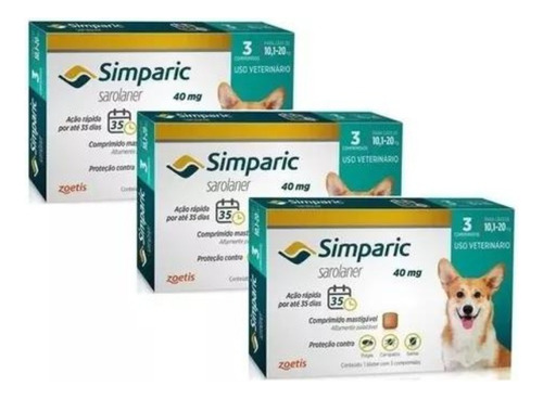 Simparic Antipulgas E Sarnas 40mg 10 Á 20 Kg 9 Cp - Kit 3 Un