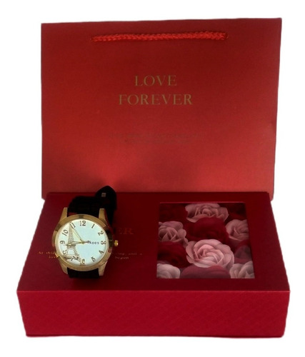 Reloj Pulcera Con Caja De Rosas De Lujo Y Bolsa De Regalo