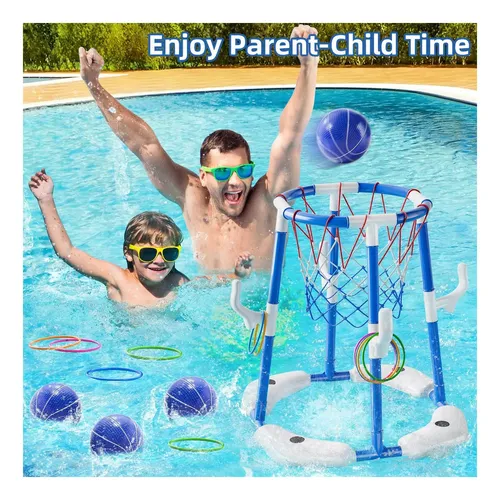Set De Baloncesto Para Piscina 2 En 1 – Canasta Flotante Con 2 Pelotas Y 12 Aros, Incluye Bomba, Juguete Acuático Para Niños Y Adultos