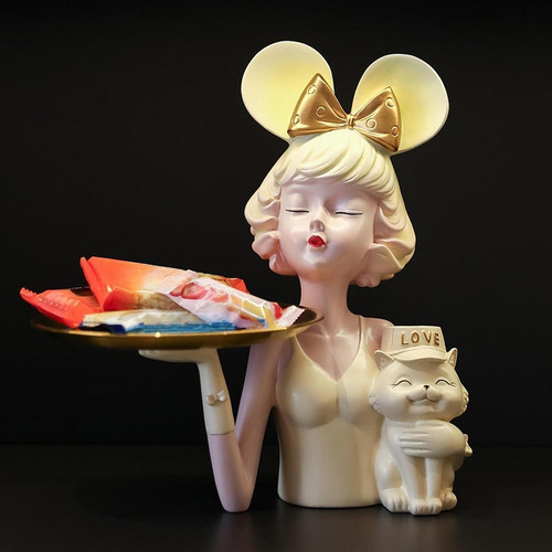 Estatua De Niña Con Bandeja De Almacenamiento, Adorno De