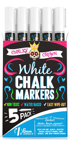 Chalky Crown Marcadores De Tiza Líquida, Blanco - 5 Unds