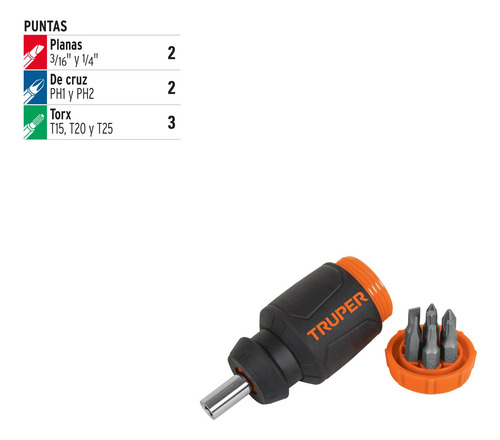 Desarmador Trompo Mini 1/4´ + Puntas Planas Cruz Torx 10751