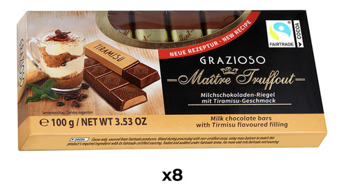 Imagen 1 de 1 de Pack Chocolate 8 Unidades Tableta Grazioso Tiramisu 100g