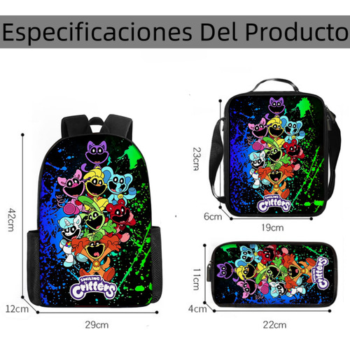 Juego De Mochilas Escolares Reforzadas Anime Smiling Critters Mochilas De 3 Piezas Computadora Bolso De Hombro Lonchera Estuche Para Lapices Escolar