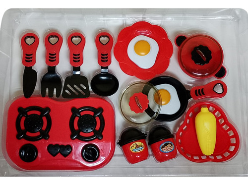 Juego De Cocina Infantil Set Infantil Con Sartenes Platitos Rojo