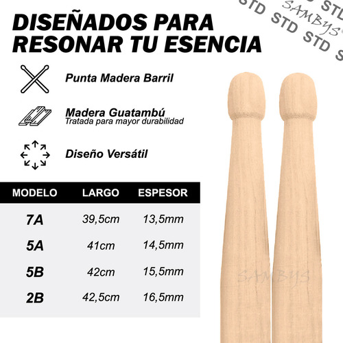 Palillos Batería Baquetas Sambys Std 2b Punta Madera