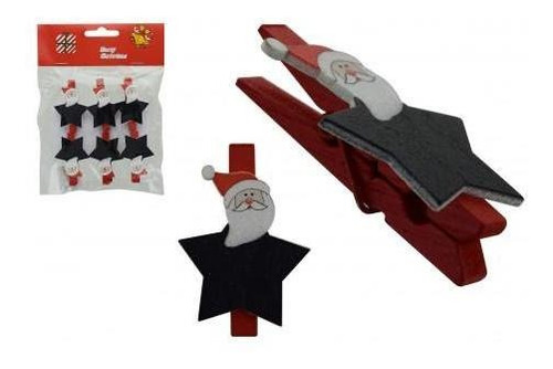 Pack 2x: Clip Adorno Navidad Madera Forma Estrella 6 Pcs