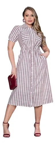 Vestido Moda Evangelica Linho Listrado El stico Cintura Frete gr tis