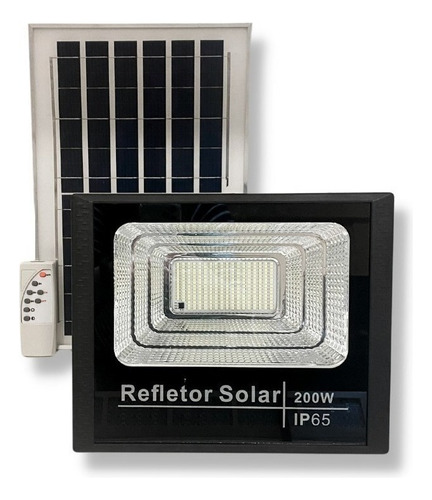 Refletor Holofote Ultra Led Solar 200w + Controle + Placa Carcaça Preto Luz Branco-frio