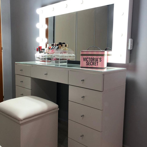 Tocador Hollywood Make Up 130, Banqueta Y Lámparas De Regalo Blanco