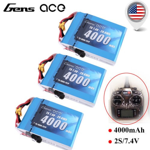 Imagen 1 de 5 de 3pcs Gens Ace 4000mah 2s 7.4v Tx Lipo Batería De Spektrum Dx
