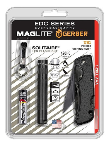 Lanterna Mini Maglite Solitaire Led 3a + Canivete Gerber Lanterna Preto Luz Branco