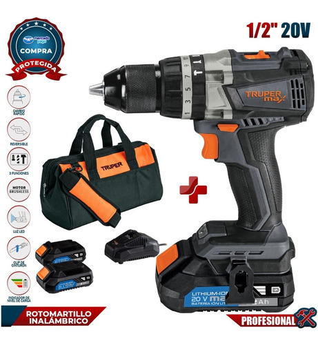 Imagen 2 de 2 de Taladro Rotomartillo Inalámbrico 1/2 Truper Max Max-20r 20v Color Gris