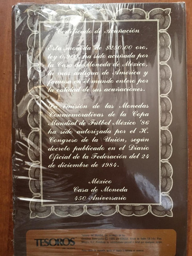 Imagen 2 de 3 de Tesoros Del Mundial México 86, 250 Pesos Oro Puro Ley 0.900.