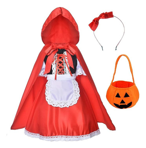 Disfraz De Caperucita Roja Para Niñas, Vestido Rojo Con Capucha Para Niñas Con Capa, Diadema, Bolsa (4-12 Años)