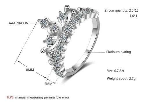 Anillo Corona Princesa Premium Anillo De Plata 925 Argollas Plateado Adulto
