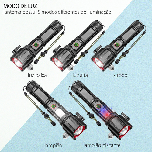 Kit 5 Lanternas Led Potente Tática Quebra Vidro Com Lâmina