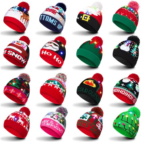 16 Piezas De Gorros De Navidad Luces Led, Gorro De Punt...