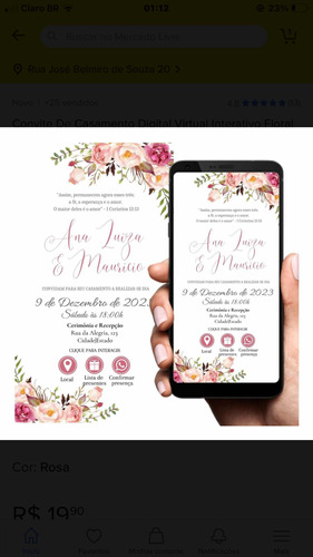 Convite De Casamento Digital Virtual Interativo Floral Rosa