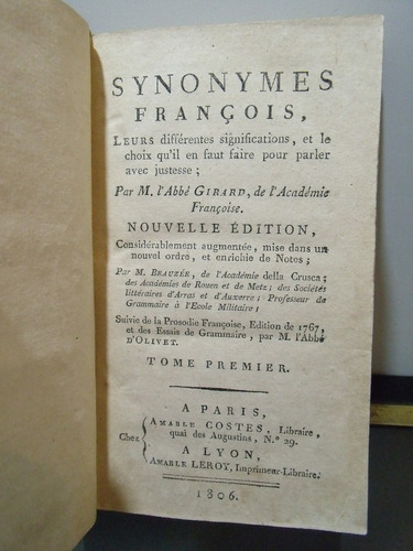 Adp Synonymes Francois ( Tomo 1 ) Girard / Paris 1806 