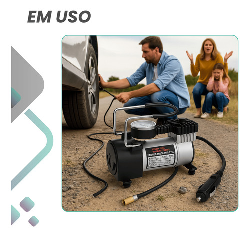 Compressor Veicular De Ar Portátil 12v Encher Pneu Manômetro