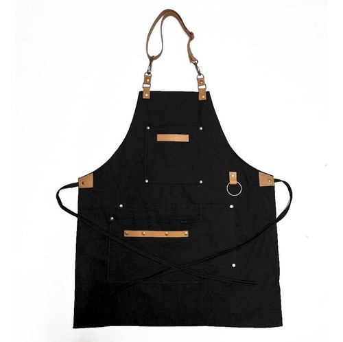 Delantal Jean Y Cuero Genuino Cocina Barman Barbería Unisex