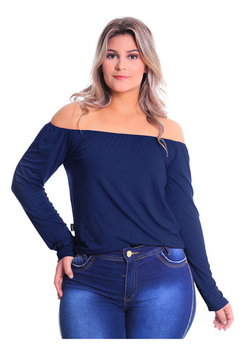 Blusa Ciganinha Plus Size Manga Longa Ombro A Ombro Malha